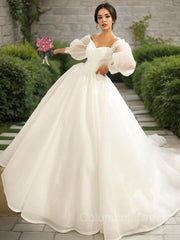 Wedding Dresses Laced Sleeves, Ball Gown Sweetheart Sweep Train Satin Wedding Dresses
