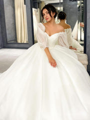 Wedding Dresses Lace Sleeves, Ball Gown Sweetheart Sweep Train Satin Wedding Dresses