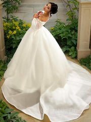 Wedding Dress Lace Sleeve, Ball Gown Sweetheart Sweep Train Satin Wedding Dresses