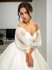 Weddings Dresses Lace Sleeves, Ball Gown Sweetheart Sweep Train Satin Wedding Dresses
