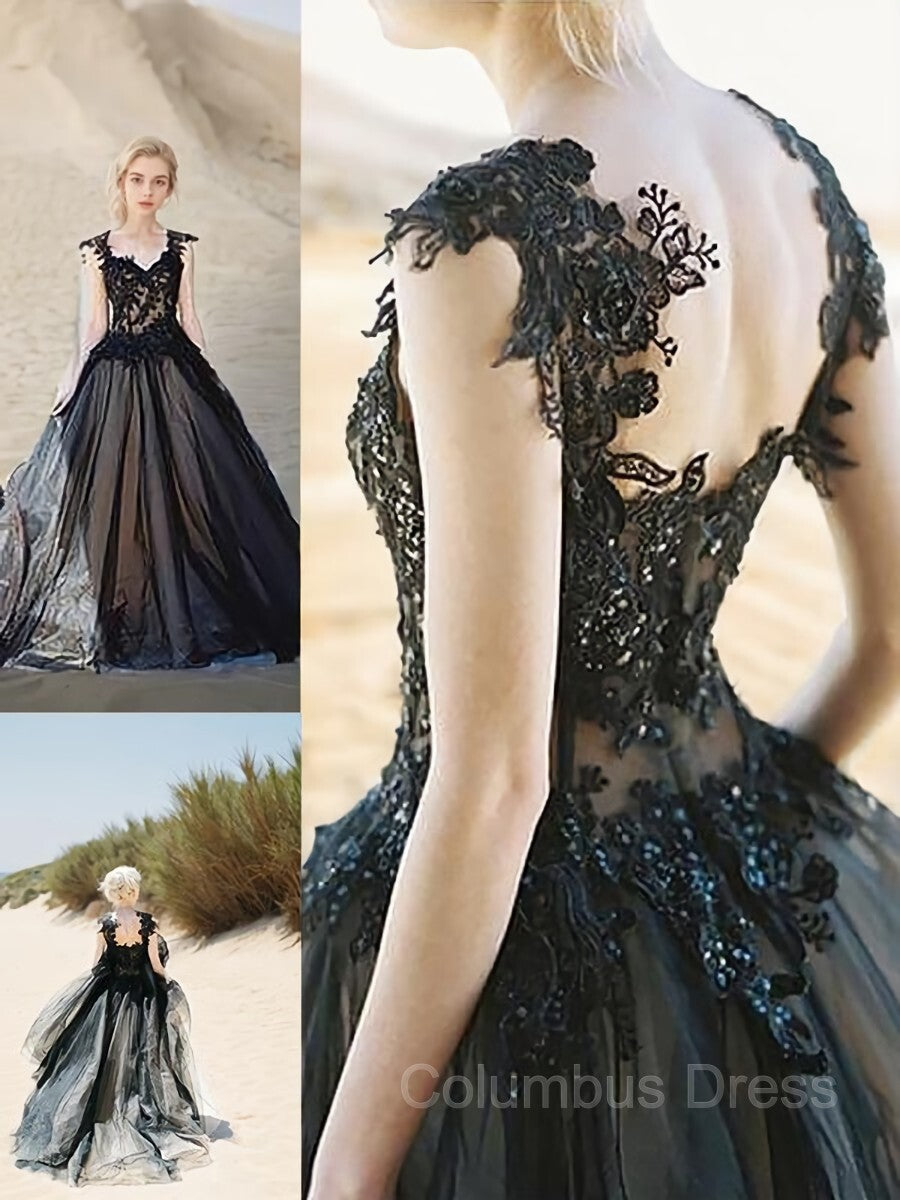 Bridesmaid Dress Sleeveless, Ball Gown Sweetheart Sweep Train Tulle Evening Dresses With Appliques Lace