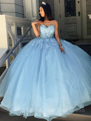 Formal Dress Stores Near Me, Ball Gown Sweetheart Sweep Train Tulle Prom Dresses With Appliques Lace