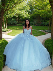 Formal Dress Shop Near Me, Ball Gown Sweetheart Sweep Train Tulle Prom Dresses With Appliques Lace