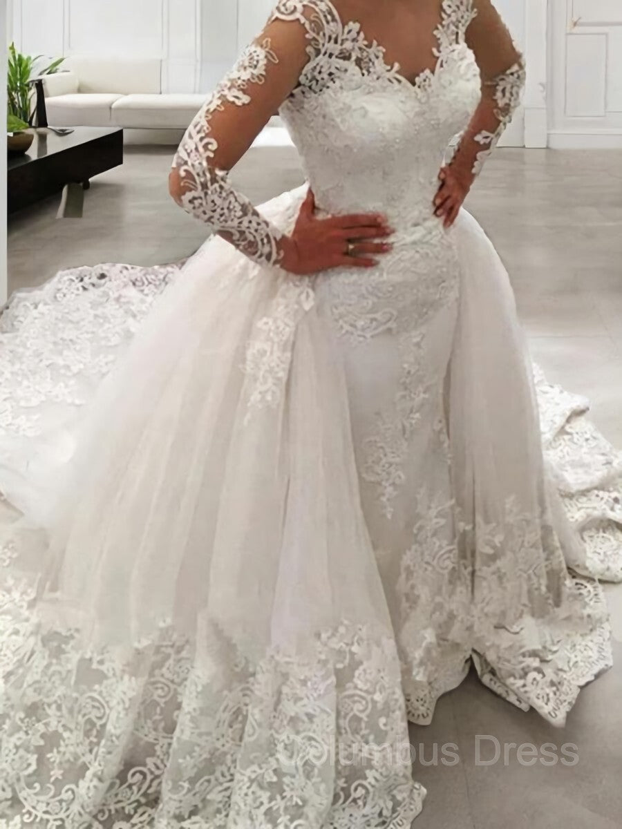Wedding Dresses Lace Sleeves, Ball Gown V-neck Cathedral Train Tulle Wedding Dresses With Appliques Lace
