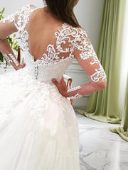Wedding Dress Lace Sleeve, Ball Gown V-neck Cathedral Train Tulle Wedding Dresses With Appliques Lace