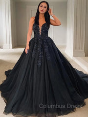 Pretty Prom Dress, Ball Gown V-neck Court Train Tulle Prom Dresses With Appliques Lace