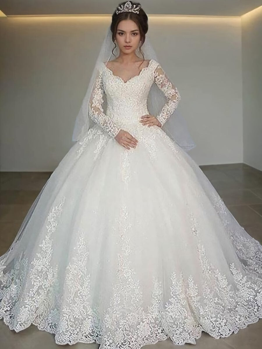 Wedding Dresses For Bride Boho, Ball Gown V-neck Court Train Tulle Wedding Dresses