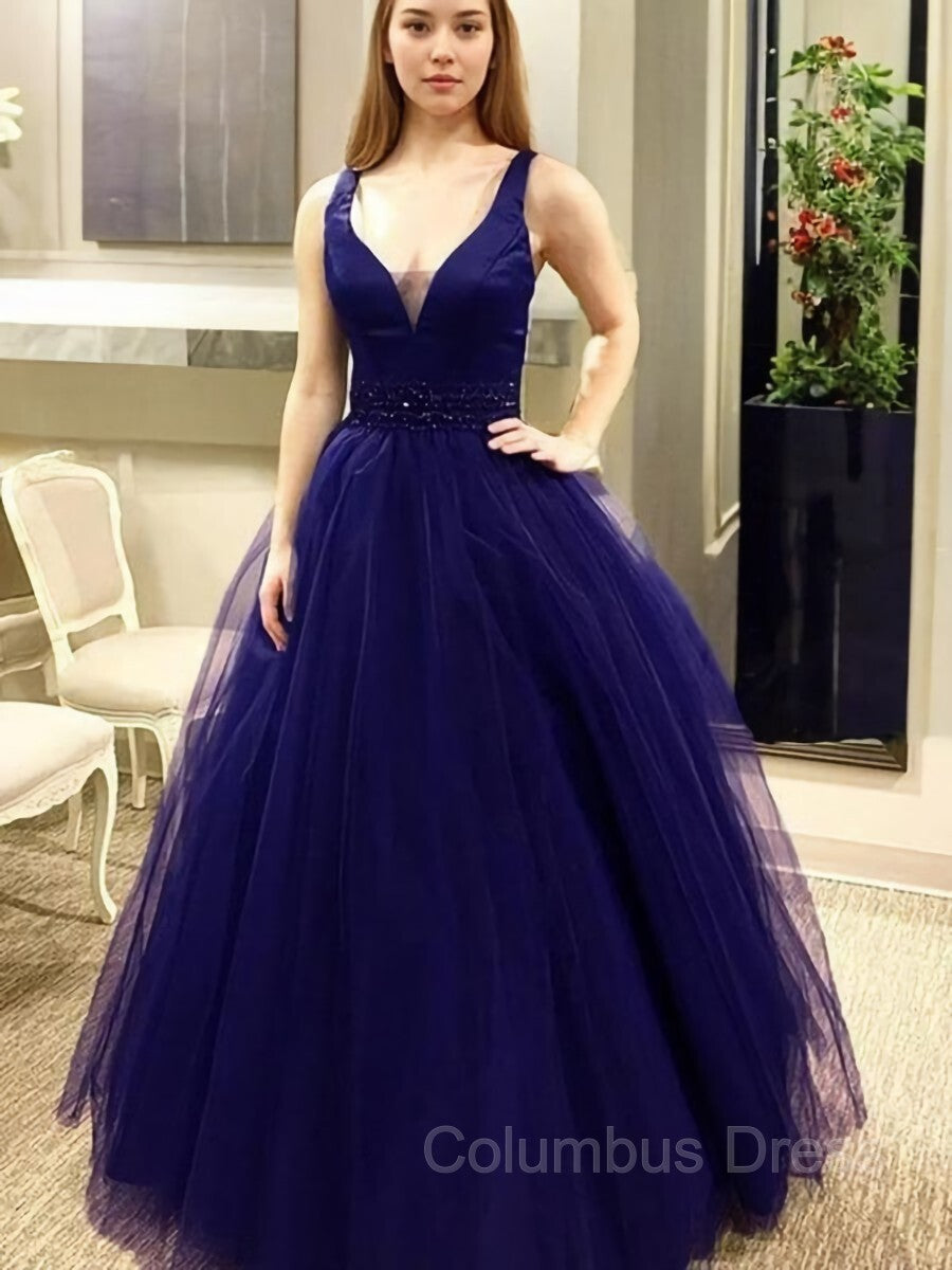 Prom Dress Curvy, Ball Gown V-neck Floor-Length Tulle Evening Dresses With Beading