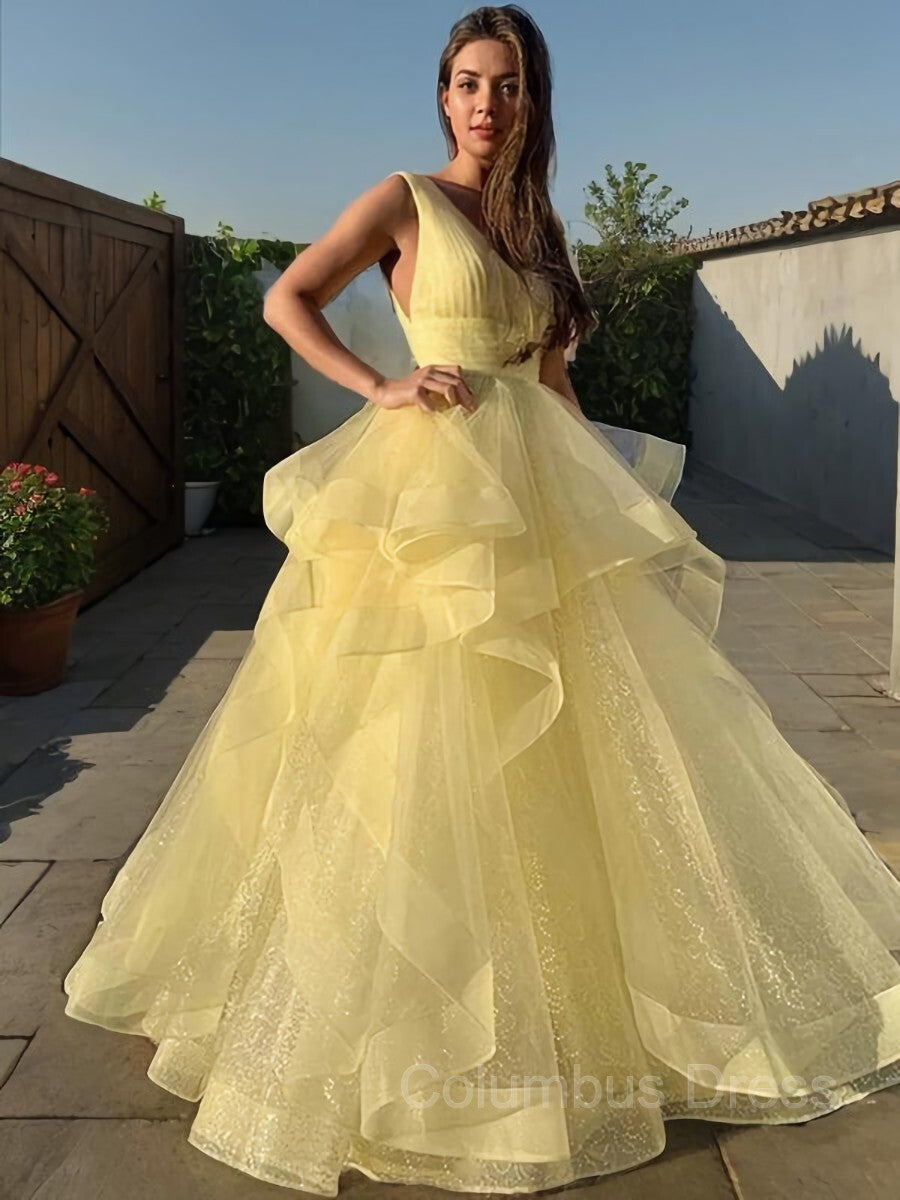Party Dress Online, Ball Gown V-neck Floor-Length Tulle Prom Dresses With Pleated