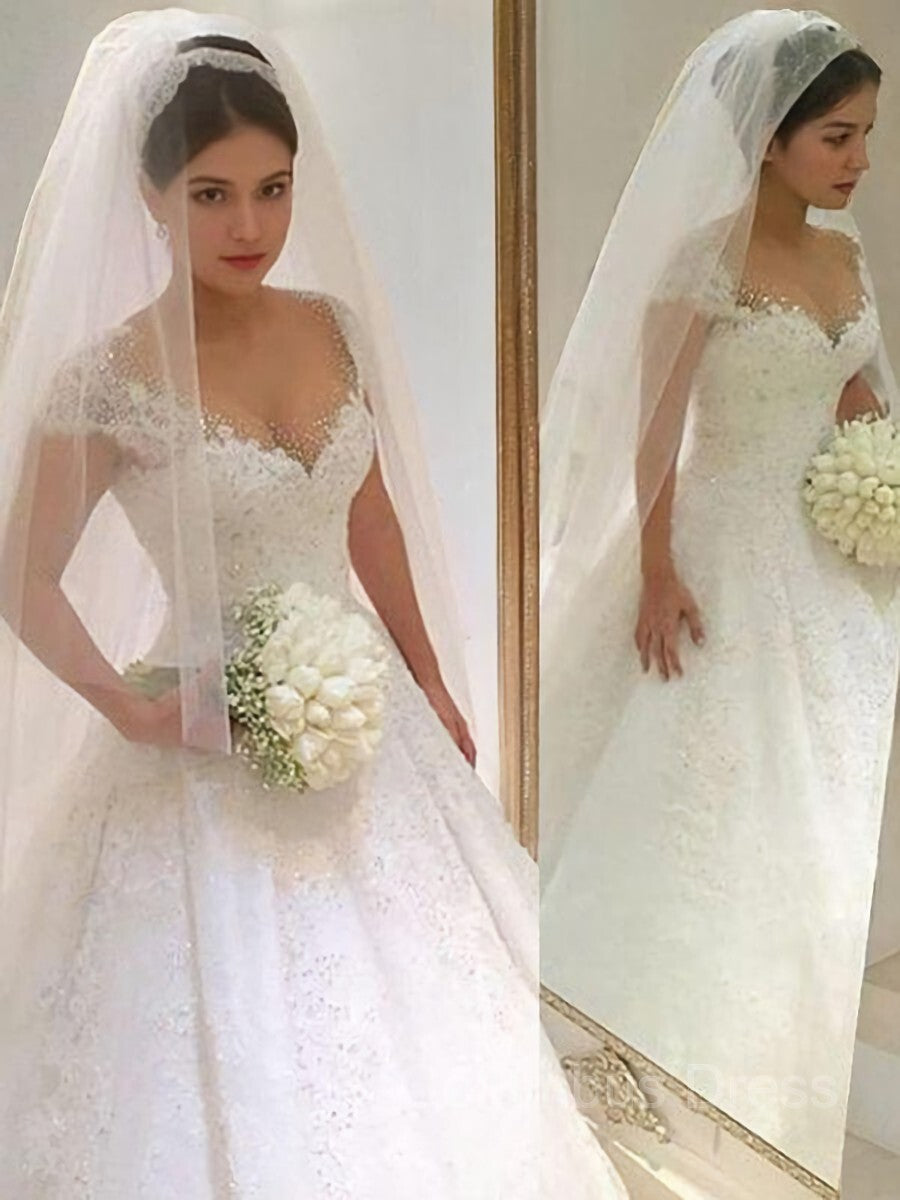 Wedding Dress Elegent, Ball Gown V-neck Floor-Length Tulle Wedding Dresses With Beading