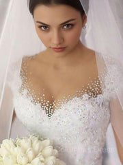 Wedding Dresses Elegent, Ball Gown V-neck Floor-Length Tulle Wedding Dresses With Beading