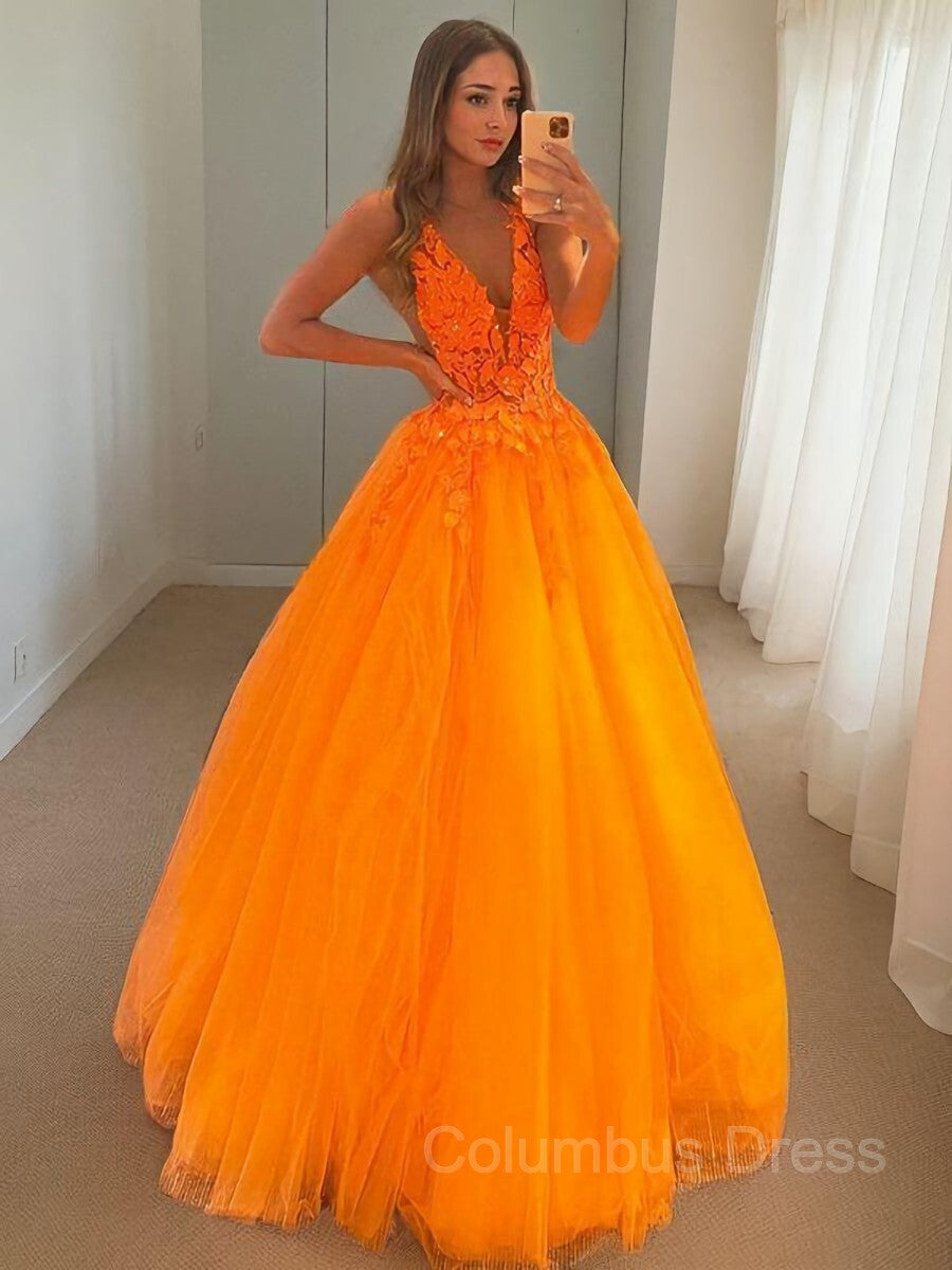 Prom Dress Short, Ball Gown V-neck Floor-Length Tulle Prom Dresses With Appliques Lace