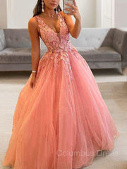 Prom Dress For Teens, Ball Gown V-neck Floor-Length Tulle Prom Dresses With Appliques Lace