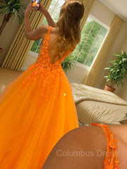 Prom Dress V Neck, Ball Gown V-neck Floor-Length Tulle Prom Dresses With Appliques Lace