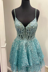 Evening Dress Near Me, Turquoise Straps Deep V Neck Appliques A-line Multi-Layers Homecoming Dress