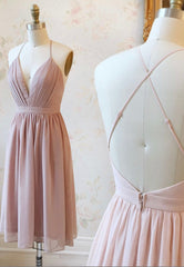 Elegant Wedding Dress, Pink V-Ncek Chiffon Prom Dresses, A-Line Backless Short Dresses