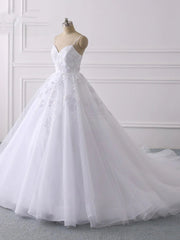 Wedding Dress Trains, Lace Applique Ball Gown Vestido Wedding Dresses Spaghetti Straps