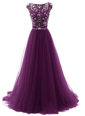 Formal Dress Classy, Beaded Tulle Long Party Gown, Tulle Cap Sleeves Formal Dresses