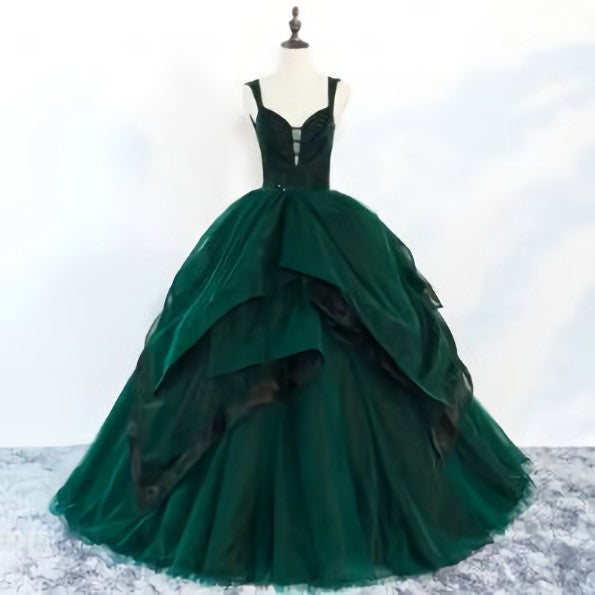 Party Dresses With Boots, Beautiful Dark Green Prom Dresses Ball Gown Beading Ruffles Spaghetti Straps Backless Sleeveless Floor-Length Long Formal Dresses