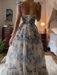 Formal Dress Gown, Beautiful Floral Print Chiffon Long Prom Dresses Evening Dress