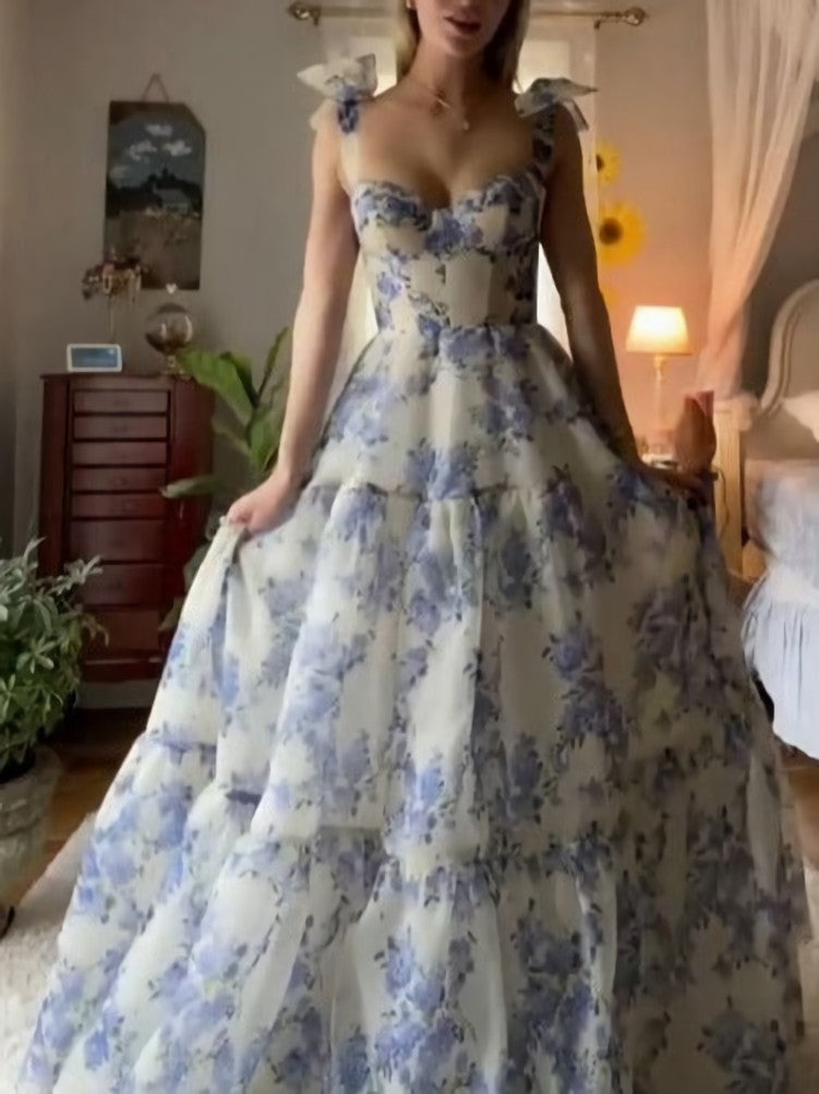 Formal Dresses Lace, Beautiful Floral Print Chiffon Long Prom Dresses Evening Dress