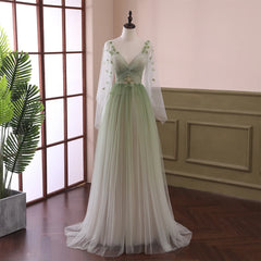 Unique Wedding Dress, Beautiful Gradient Tulle Green Beaded Long Sleeves Party Dress,Green Formal Dresses