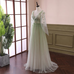 Elegant Prom Dress, Beautiful Gradient Tulle Green Beaded Long Sleeves Party Dress,Green Formal Dresses