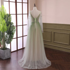 Prom Dress Long, Beautiful Gradient Tulle Green Beaded Long Sleeves Party Dress,Green Formal Dresses