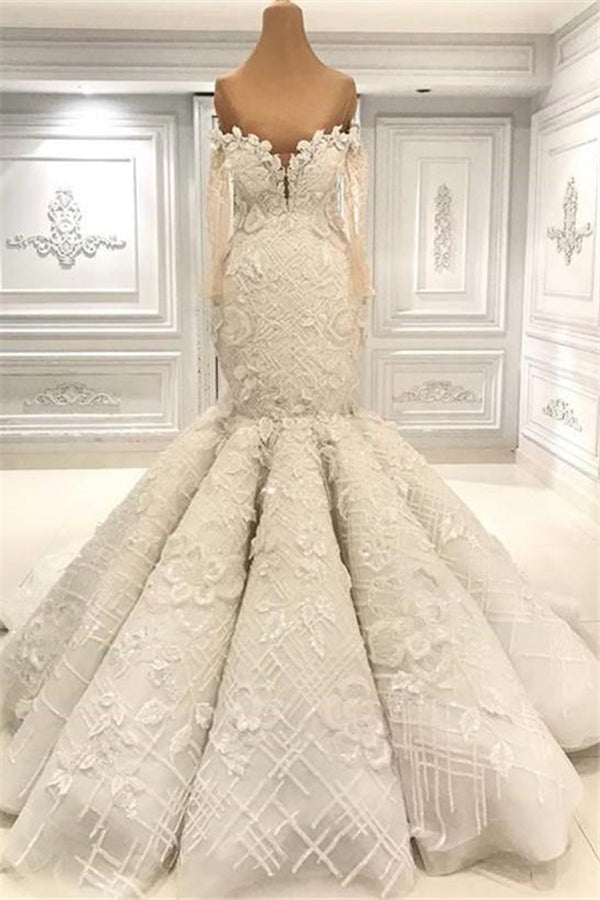 Wedding Dresses With Sleeves Lace, Beautiful Ivory Mermaid Sweetheart Lace Bridal Gowns for Wedding