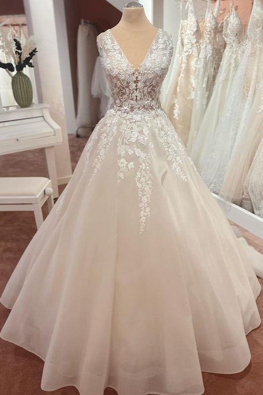Wedding Dresses 2024, Beautiful Long A-Line Appliques Lace Tulle Wedding Dress