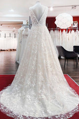 Wedding Dress Boutique, Beautiful Long A-Line Lace Appliques Tulle Open Back Wedding Dresses