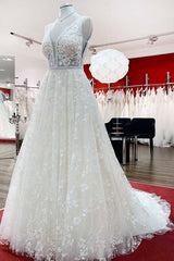 Wedding Dresses Nearby, Beautiful Long A-Line Lace Appliques Tulle Open Back Wedding Dresses