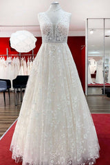 Wedding Dresses Boutique, Beautiful Long A-Line Lace Appliques Tulle Open Back Wedding Dresses