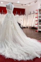 Wedding Dress Casual, Beautiful Long A-line Strapless Tulle Ivory Wedding Dress with Appliques Lace