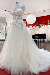 Wedding Dresses Sexy, Beautiful Long A-line Strapless Tulle Ivory Wedding Dress with Appliques Lace