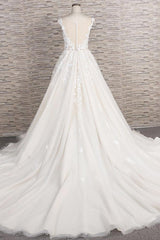 Wedding Dress Top, Beautiful Long A-line Tulle Lace Appliques Backless Wedding Dress