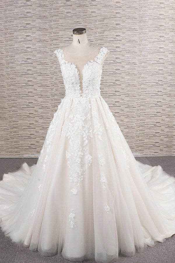 Wedding Dress Tops, Beautiful Long A-line Tulle Lace Appliques Backless Wedding Dress