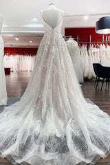 Wedding Dresses For Bridesmaid, Beautiful Long A-line Tulle Lace V Neck Open Back Wedding Dresses