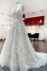 Wedding Dress For Bridesmaid, Beautiful Long A-line Tulle Lace V Neck Open Back Wedding Dresses