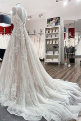 Wedding Dresses Designs, Beautiful Long A-line Tulle Lace V Neck Open Back Wedding Dresses