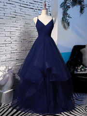 Bridesmaid Dresses Cheap, Beautiful Navy Blue Tulle Straps Long Party Dress,Princess Formal Gown