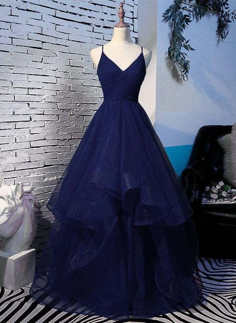 Bridesmaid Dresses Colorful, Beautiful Navy Blue Tulle Straps Long Party Dress,Princess Formal Gown