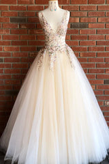 Wedding Invitations, Beautiful V Neck Long Prom Dress with Floral Embroidery