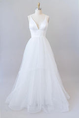 Wedding Dresses Under 10004, Beautiful White Long A-line V-neck Tulle Backless Wedding Dress