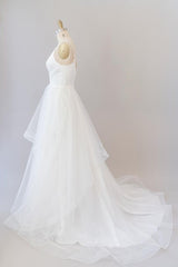 Wedding Dresses Vintage Lace, Beautiful White Long A-line V-neck Tulle Backless Wedding Dress