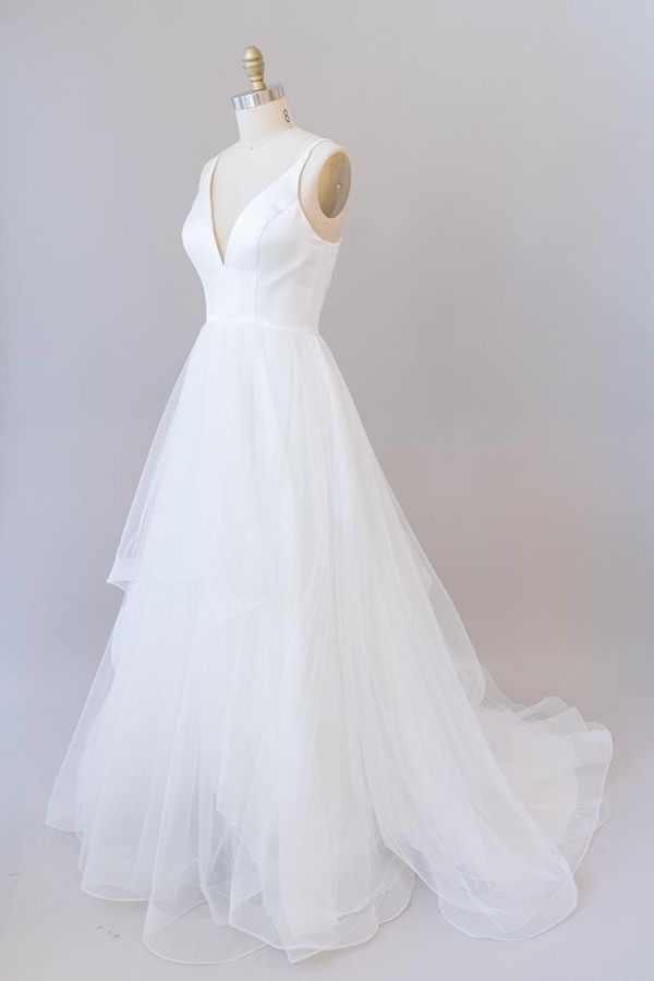 Wedding Dress Short Bride, Beautiful White Long A-line V-neck Tulle Backless Wedding Dress