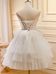 Homecoming Dress 2031, Beige Sweetheart Neck Tulle Puffy Short Prom Dress, Beige Homecoming Dress