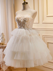 Homecoming Dresses Websites, Beige Sweetheart Neck Tulle Puffy Short Prom Dress, Beige Homecoming Dress