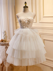 Homecoming Dresses Unique, Beige Sweetheart Neck Tulle Puffy Short Prom Dress, Beige Homecoming Dress