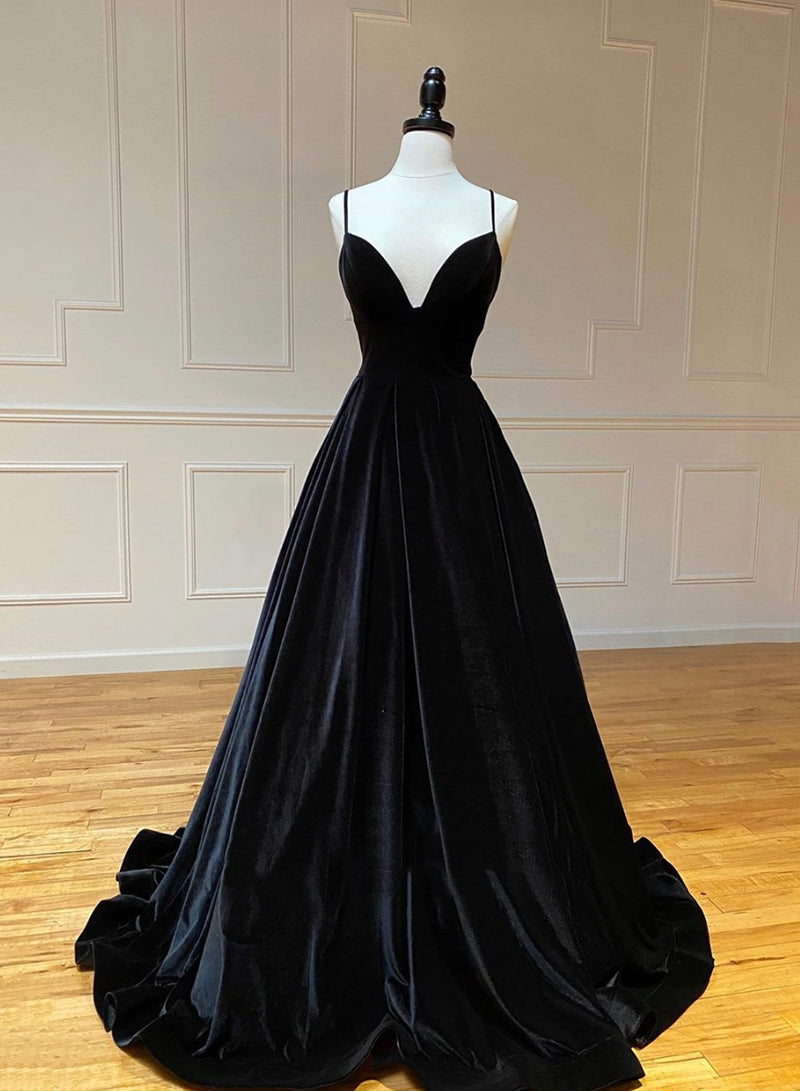 Bridesmaid Dress Stylee, Black A-Line Velvet Long Prom Dresses, Black Evening Dresses